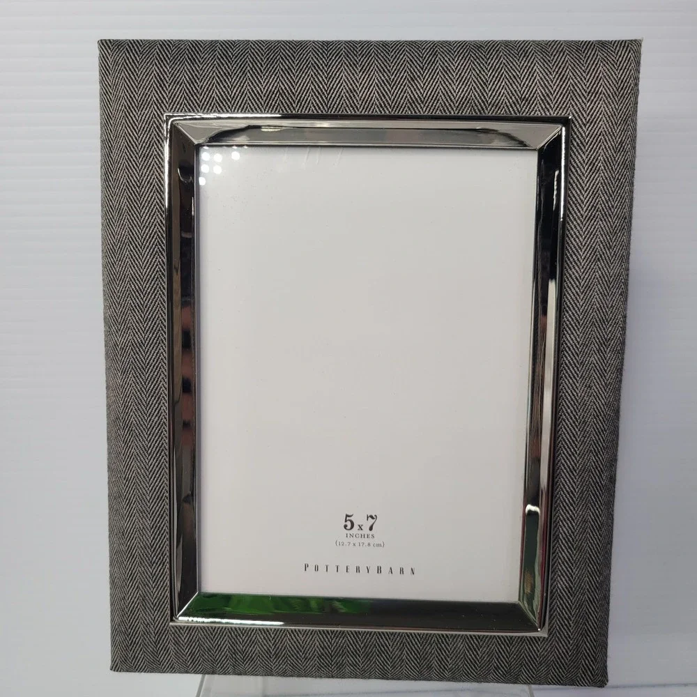 Pottery Barn Picture Frame 5x7 Herringbone Fabric Silver Trim‎ NEW